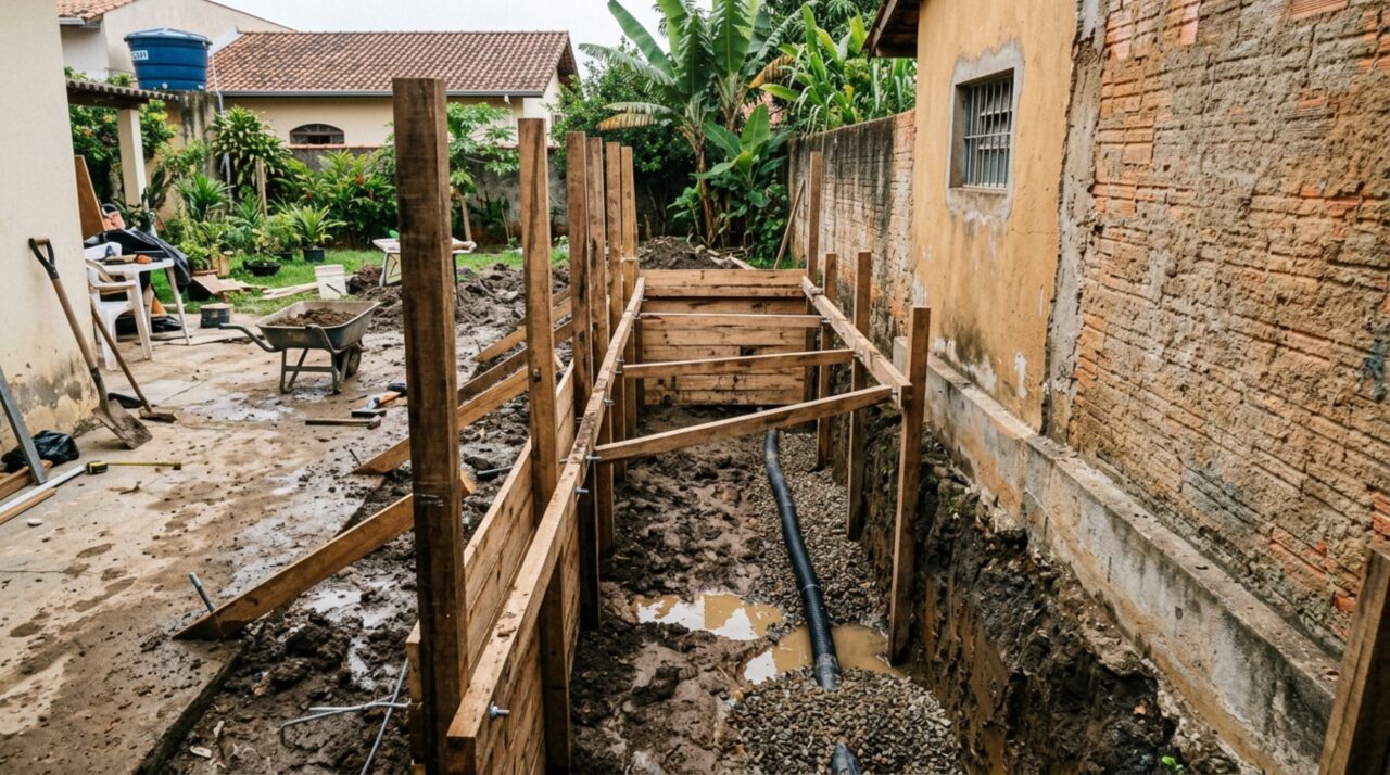 Pedreiro escava a fundação da casa nova colada à divisa e, na primeira chuva forte, o muro do vizinho começa a inclinar para dentro do buraco