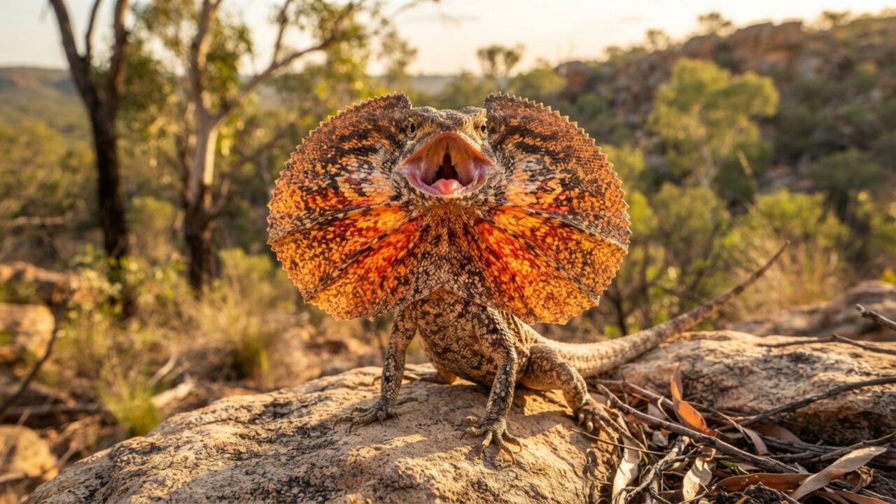 Um lagarto abre uma gola maior que a cabeça: estrutura fica escondida até o instante em que ele precisa parecer gigante