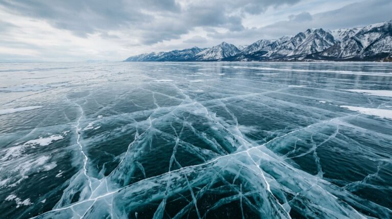 O gelo do Baikal produz estalos e reverberações quando a enorme cobertura congelada se deforma e racha durante o inverno