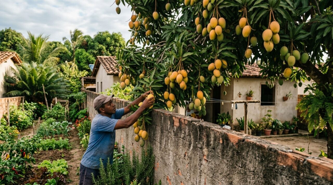 Árvore frutífera derrubava cerca de 30 kg de manga por safra no quintal do vizinho, vizinho descobre que além de pegar as frutas do chão os moradores ao lado arrancavam as mangas dos galhos da árvore com um apanhador de frutas e decide cobrar pela utilização de seus bens