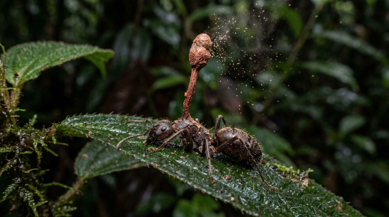 Depois da morte da formiga, o fungo continua seu ciclo e forma estruturas reprodutivas capazes de dispersar novos esporos