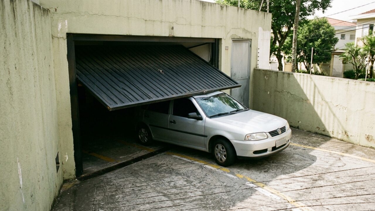 Portão da garagem fecha enquanto carro ainda está passando, quebra teto e para-brisa e transforma possível falha no sensor em disputa com o condomínio
