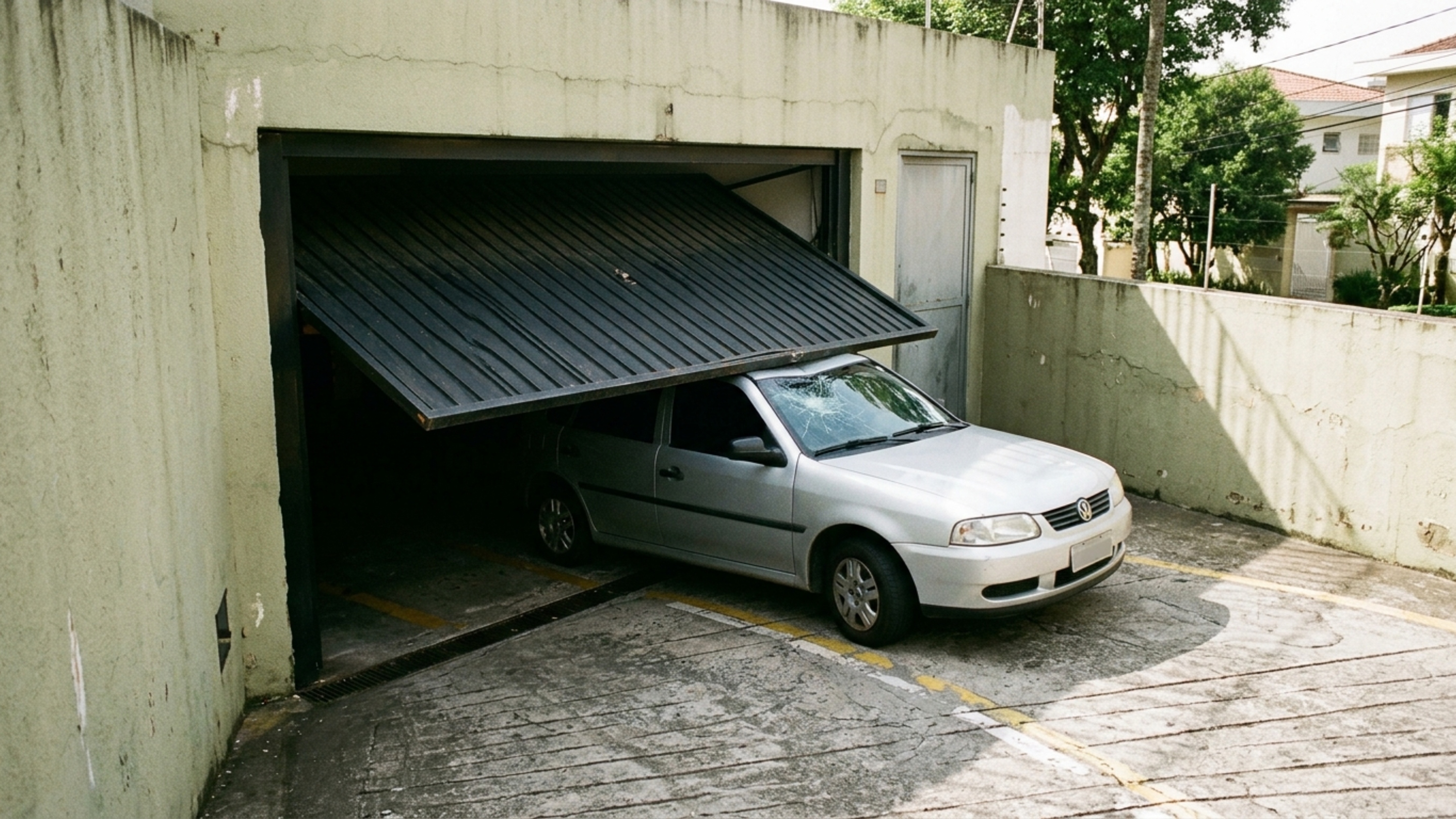 Portão da garagem fecha enquanto carro ainda está passando, quebra teto e para-brisa e transforma possível falha no sensor em disputa com o condomínio