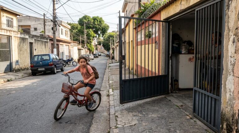 Família troca o portão por um modelo que abre para fora e só percebe o risco quando a folha avança sobre a calçada no momento em que uma criança passa de bicicleta