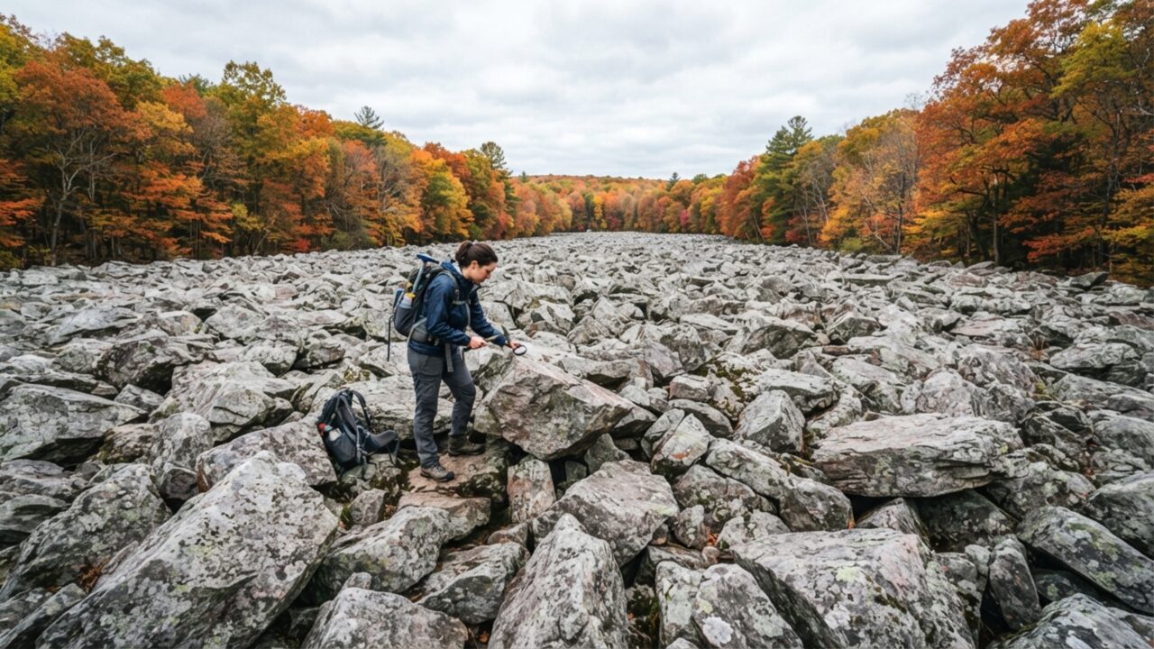 Um rio de pedra parece congelado no meio das montanhas da Pensilvânia, mas o campo inteiro foi montado por ciclos de gelo que quebraram blocos durante eras glaciais