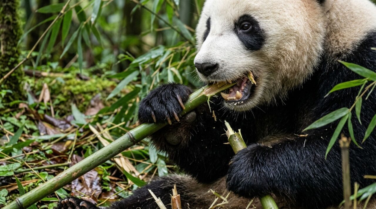 O pseudopolegar, as mandíbulas fortes e a manipulação contínua do bambu ajudam o panda-gigante a sustentar sua estratégia de comer muito e por muitas horas