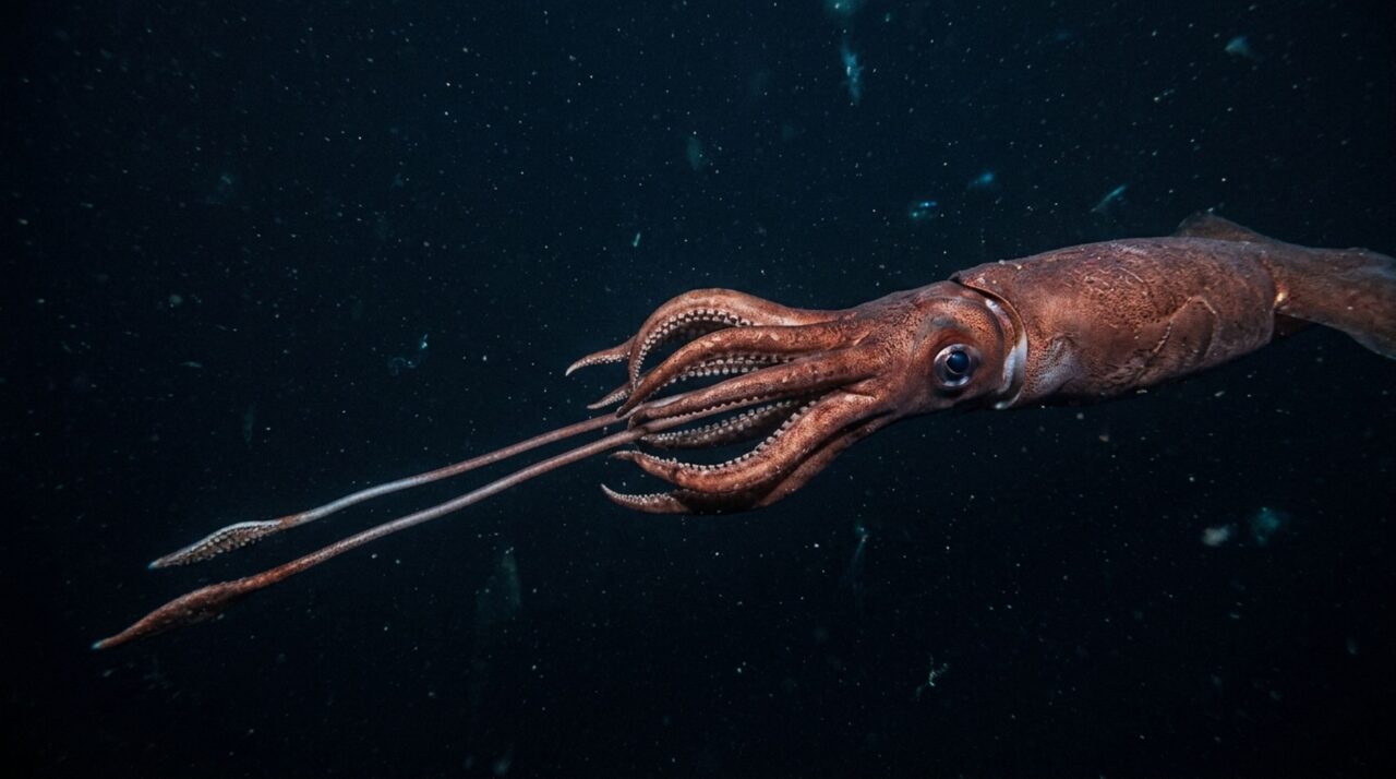 Uma lula gigante passa quase toda a vida fora da vista humana e seus dois tentáculos longos conseguem agarrar presas a distância no oceano profundo