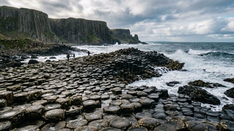 Colunas de basalto da Calçada dos Gigantes na costa da Irlanda do Norte