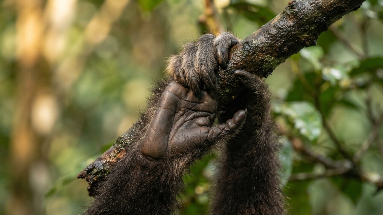Um primata atravessa galhos usando braços quase duas vezes maiores que as pernas: movimento parece um pêndulo vivo na floresta