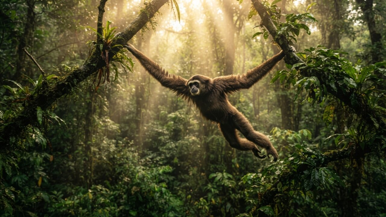 Um primata atravessa galhos usando braços quase duas vezes maiores que as pernas: movimento parece um pêndulo vivo na floresta