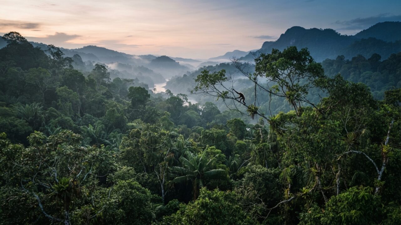 Um primata atravessa galhos usando braços quase duas vezes maiores que as pernas: movimento parece um pêndulo vivo na floresta