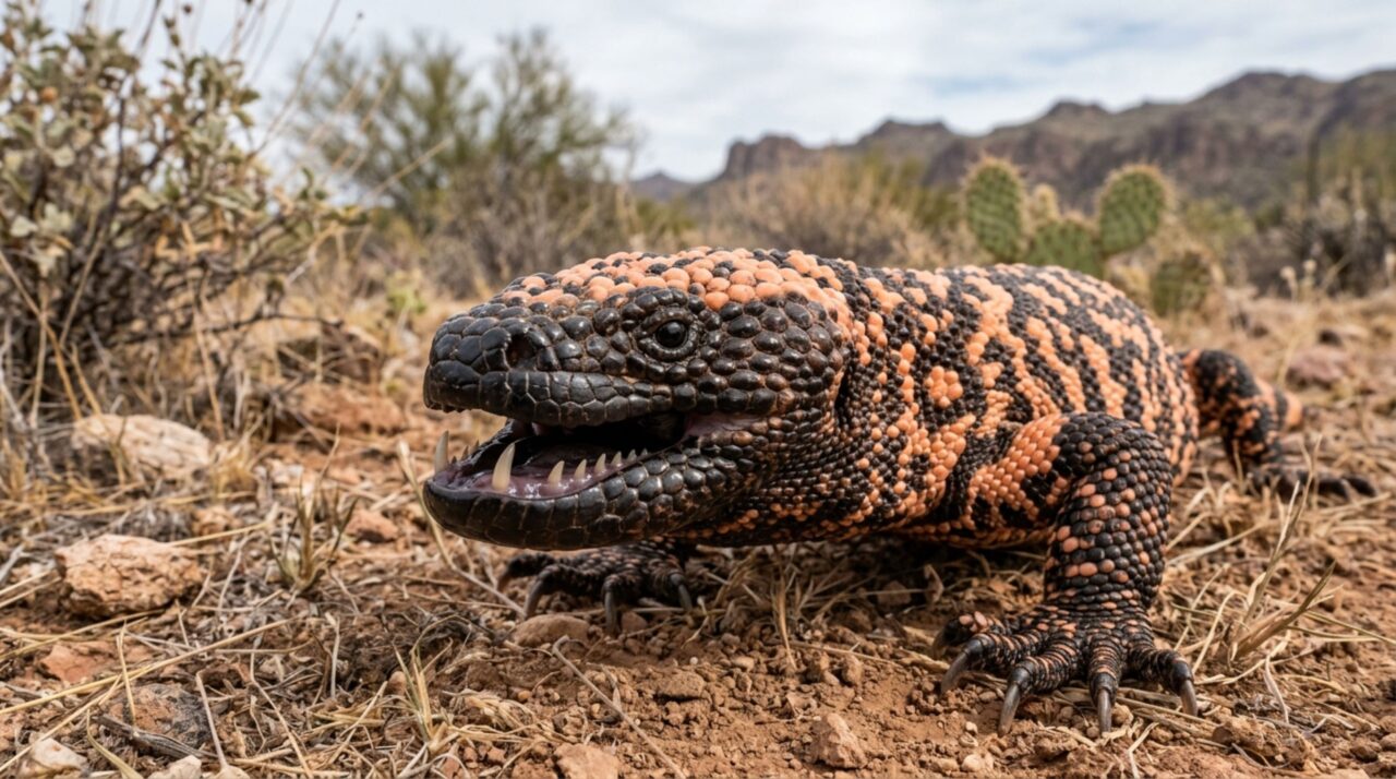 Este lagarto venenoso não injeta toxina por presas ocas, ele precisa manter a mordida e mastigar para fazer o veneno entrar no ferimento