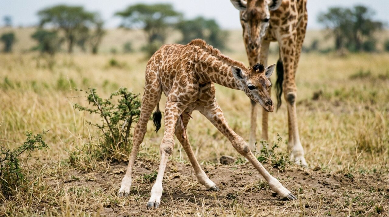 Pernas longas, ossicones ainda flexíveis e capacidade de ficar de pé cedo fazem parte do rápido desenvolvimento inicial do filhote de girafa