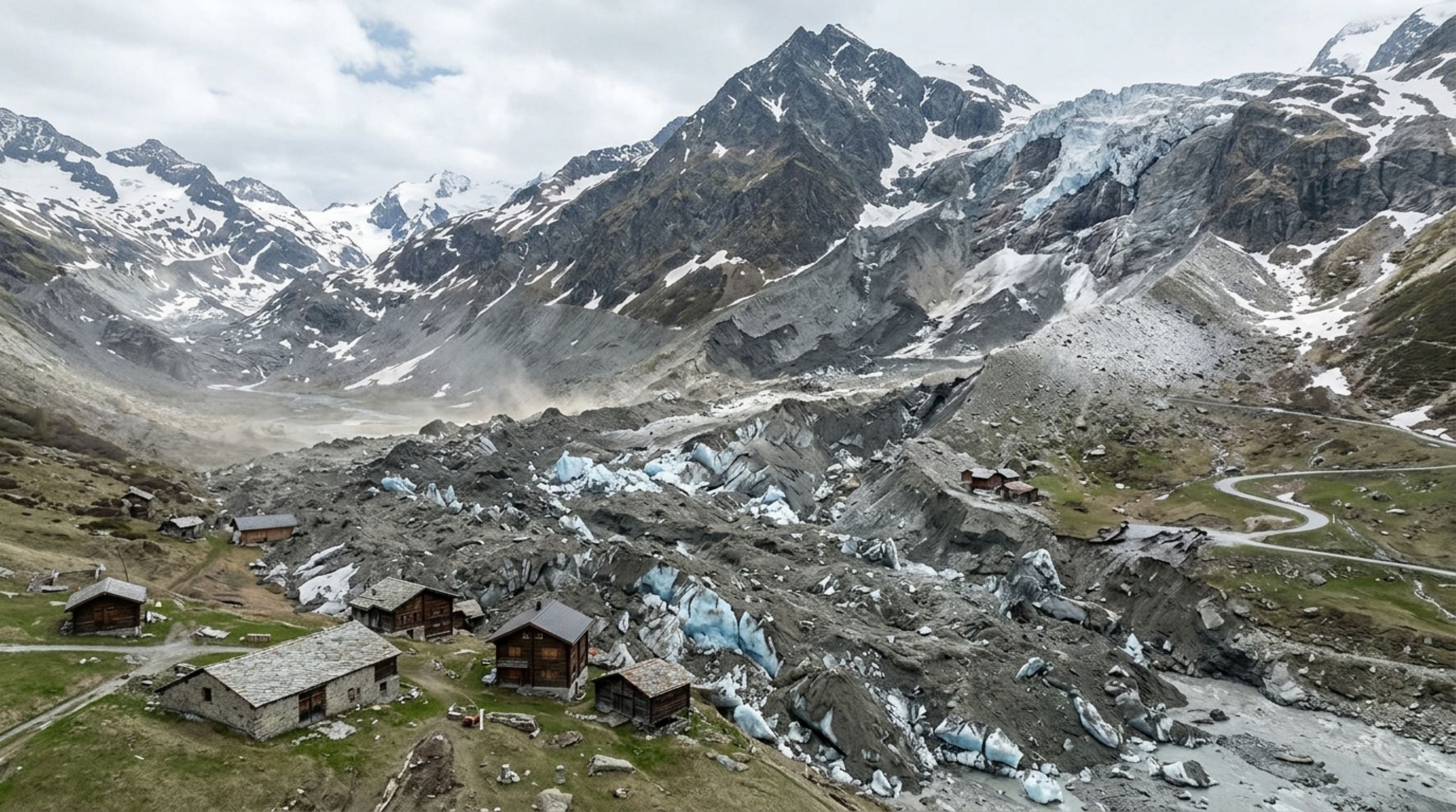Uma geleira carregada de rochas desabou sobre um vilarejo suíço e a avalanche foi tão grande que satélites registraram a paisagem inteira transformada