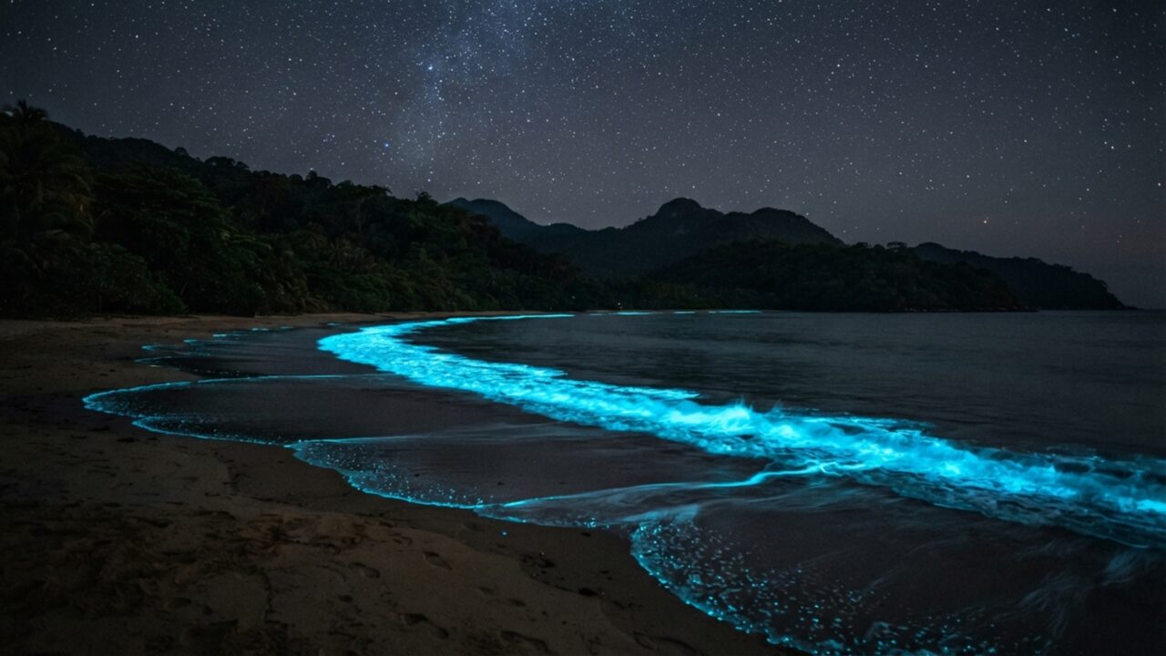 O oceano acende sem lâmpadas quando bilhões de células são agitadas: ondas podem transformar a praia numa faixa azul durante a noite