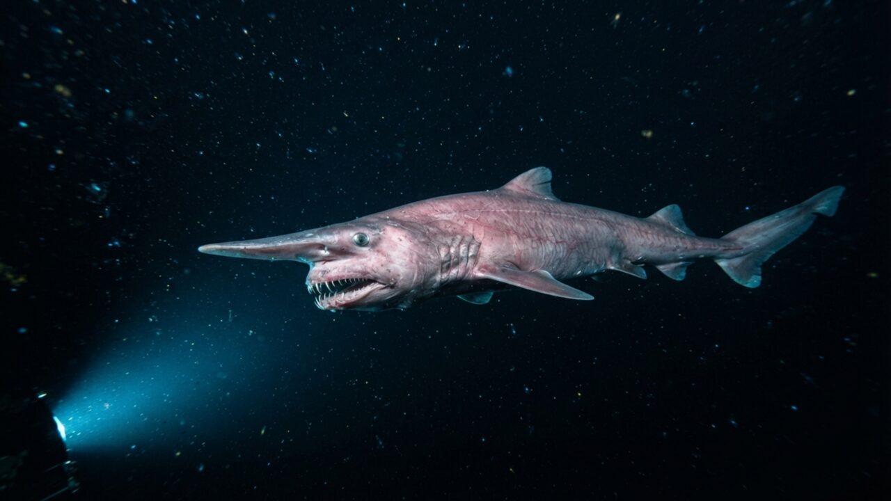 Um tubarão do fundo do mar lança a mandíbula para frente até quase alcançar a ponta do focinho e usa sensores elétricos para caçar onde há pouca luz