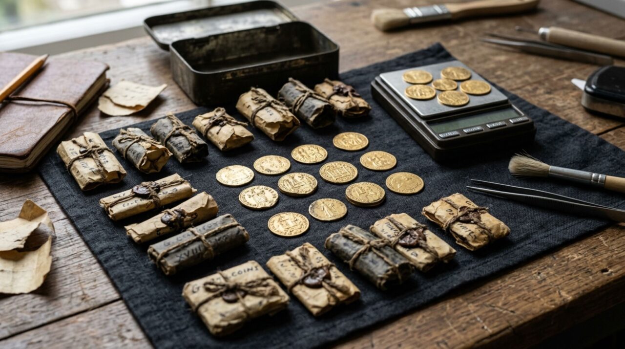 As 34 moedas de ouro ainda precisam de análise numismática detalhada para determinar origem, idade e valor individual