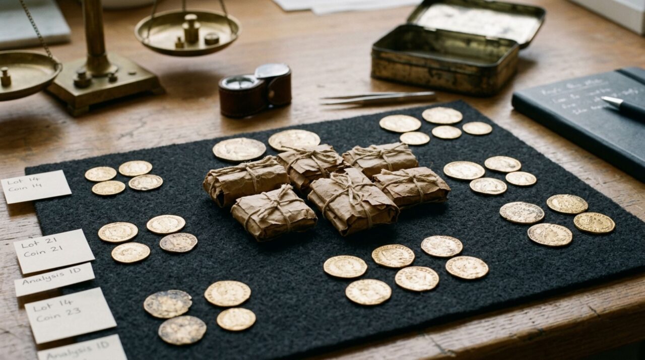 As 34 moedas de ouro ainda precisam de catalogação detalhada para determinar origem, idade, raridade e valor individual