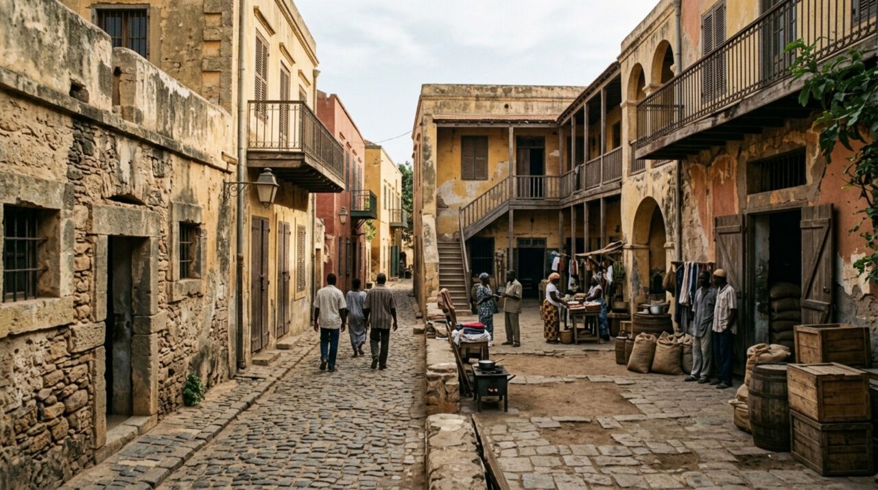 Os edifícios de Gorée registram camadas distintas de comércio, escravidão e presença colonial