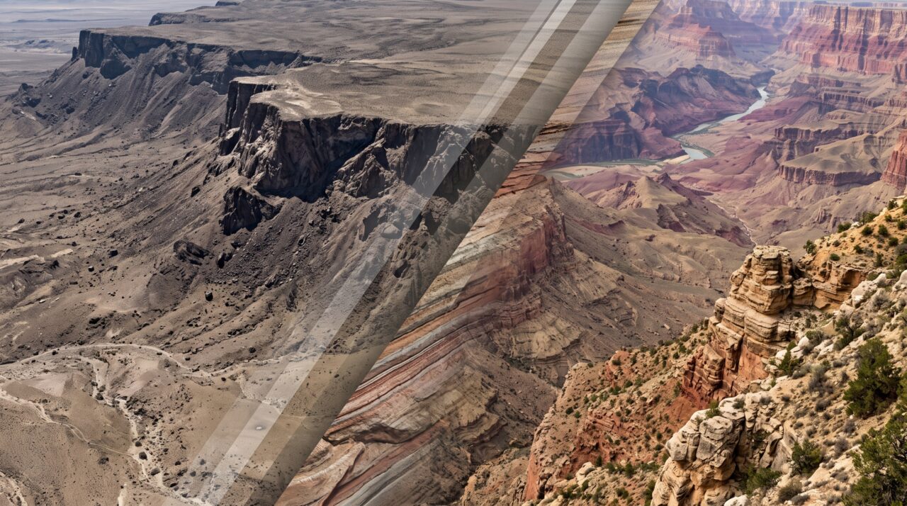 Imagem editorial de geologia hiper-realista, cinematográfica, horizontal 16:9, mostrando uma reconstrução do oeste da América do Norte há cerca de 800 milhões de anos, muito antes da existência do Grand Canyon atual. Em primeiro plano, uma gigantesca parede de rocha formando um escarpamento com aproximadamente 1 quilômetro de altura se estende pelo horizonte, com camadas geológicas expostas e uma borda continental sendo lentamente erodida. Não mostrar o rio Colorado nem o Grand Canyon moderno. A paisagem deve parecer extremamente antiga, árida e geologicamente monumental, com atmosfera dramática e escala impressionante. Em uma transição visual sutil, parte da cena pode revelar camadas rochosas desaparecendo pela erosão, sugerindo a origem da lacuna no registro geológico.
