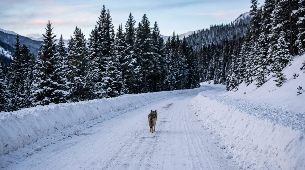Dirigindo o primeiro limpa-neve de uma estrada de montanha, operador passa sete semanas vendo o mesmo lobo usar a faixa recém-aberta poucos minutos depois da máquina até uma nevasca revelar pegadas seguindo exatamente o antigo percurso