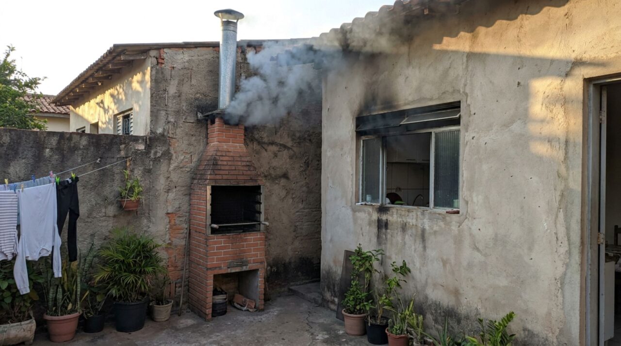 Casal volta de viagem e descobre chaminé de churrasqueira instalada junto ao muro, lançando fumaça na janela da cozinha