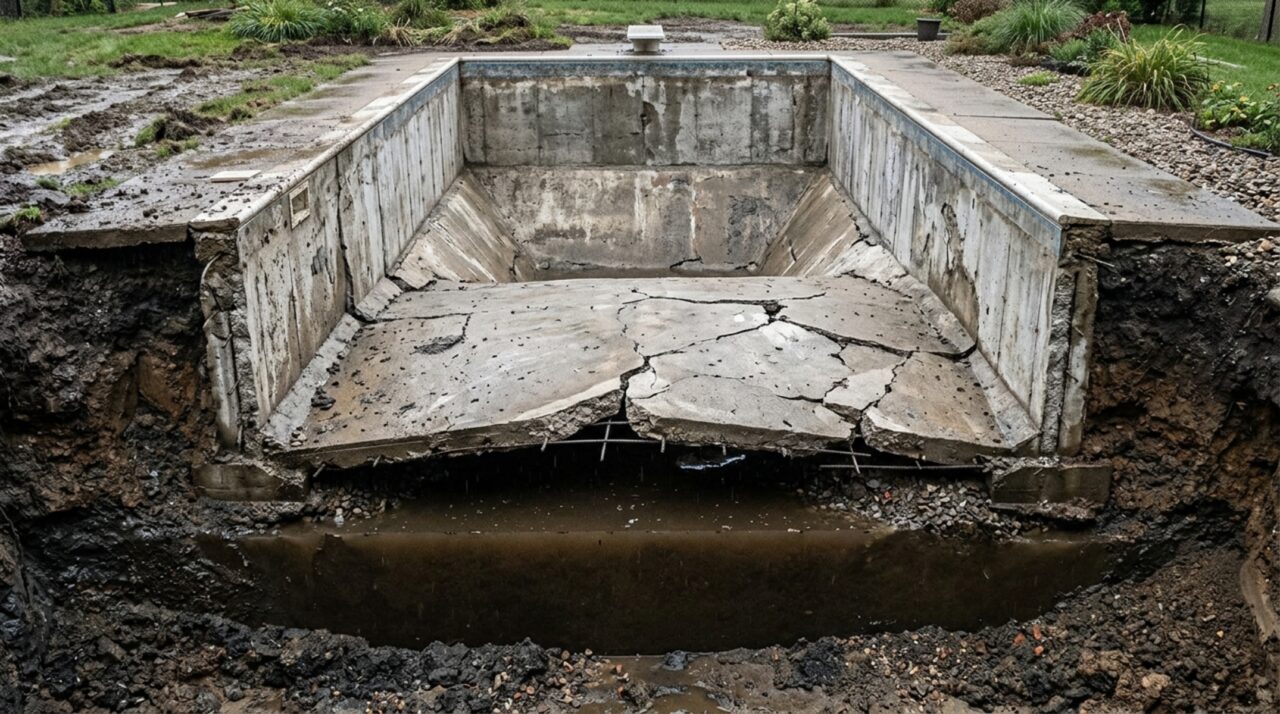 Família esvazia toda a piscina para trocar a água antes do inverno e, na manhã seguinte, descobre que a estrutura se levantou do chão