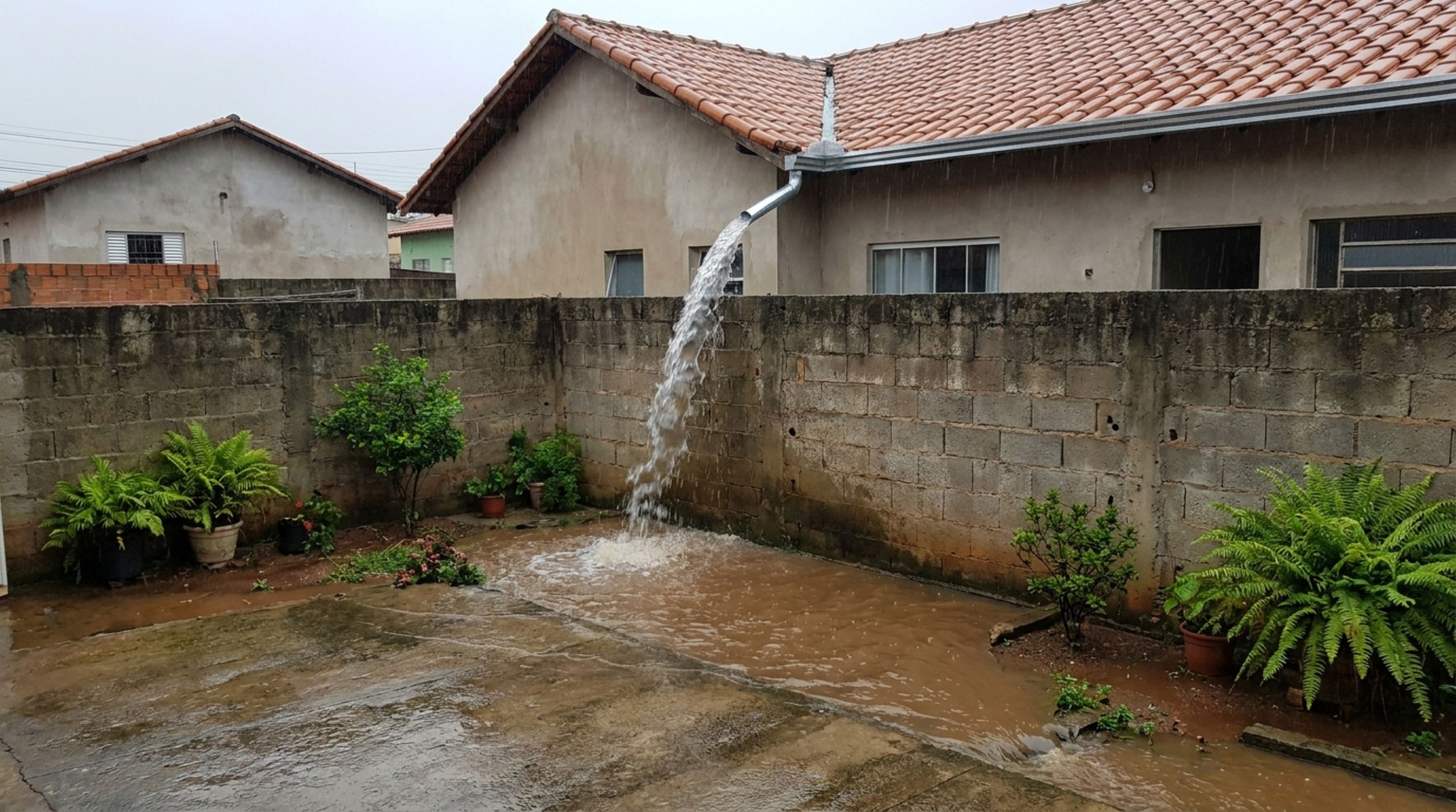Homem instala uma calha nova para acabar com infiltrações e, na primeira chuva forte, vizinha percebe que toda a água do telhado passou a cair perto do muro da sua casa