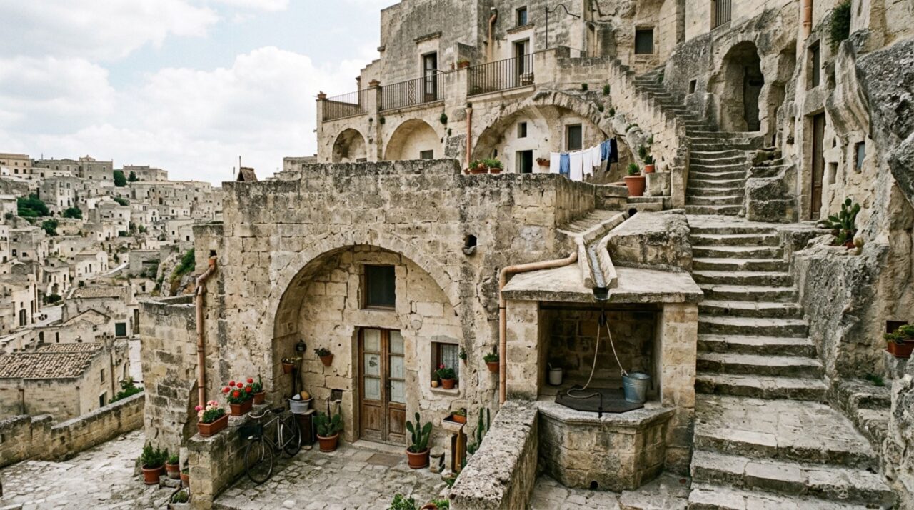 Casa escavada e ampliada com fachada de pedra e cisterna em Matera