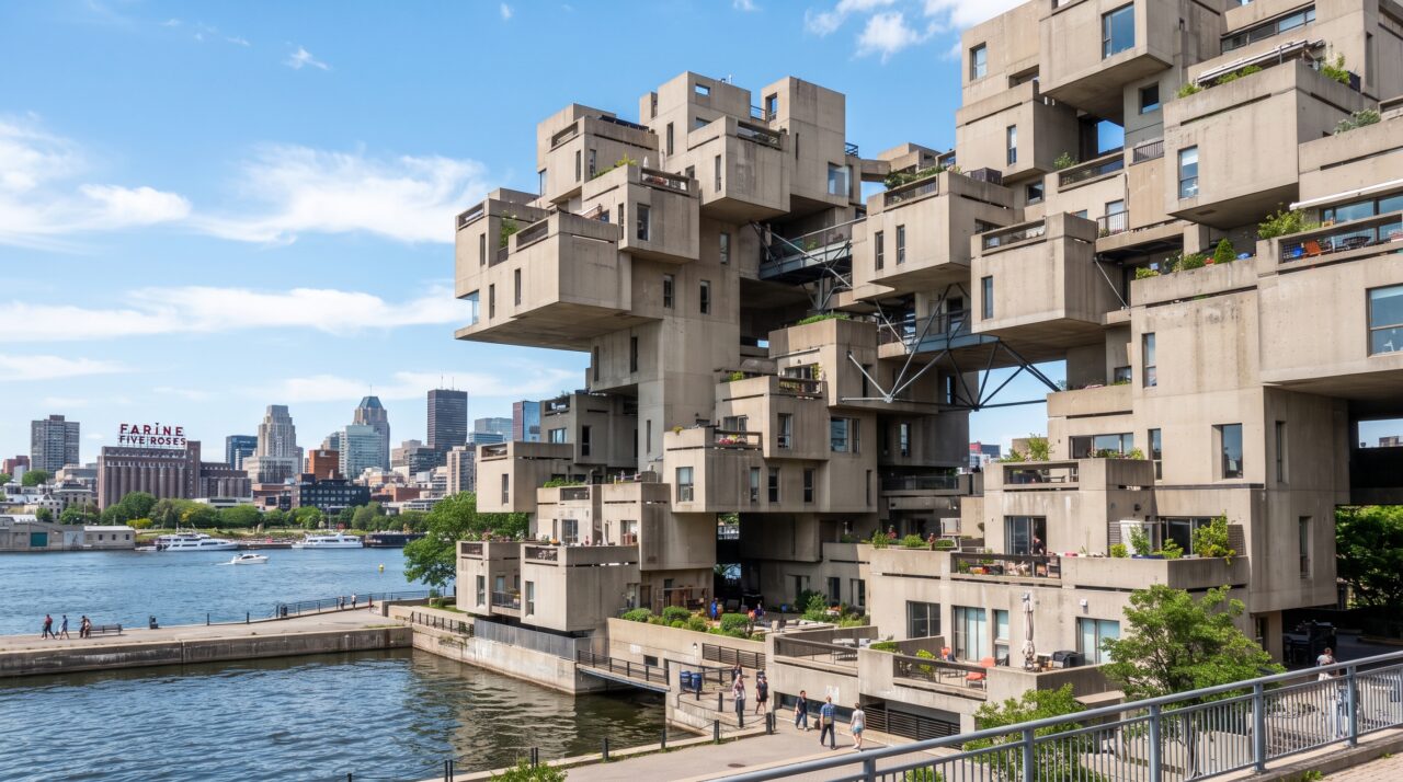A arquitetura futurista do complexo residencial Habitat 67 montado com blocos de concreto