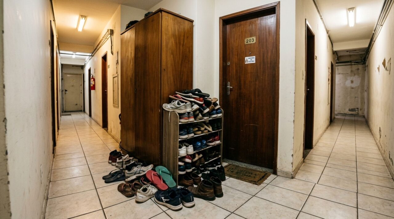 Família coloca armários e sapateiras no corredor por anos, achando que o espaço em frente à própria porta fazia parte do apartamento, mas quando um novo síndico precisa passar a planta do prédio, exige que moradores retirem tudo