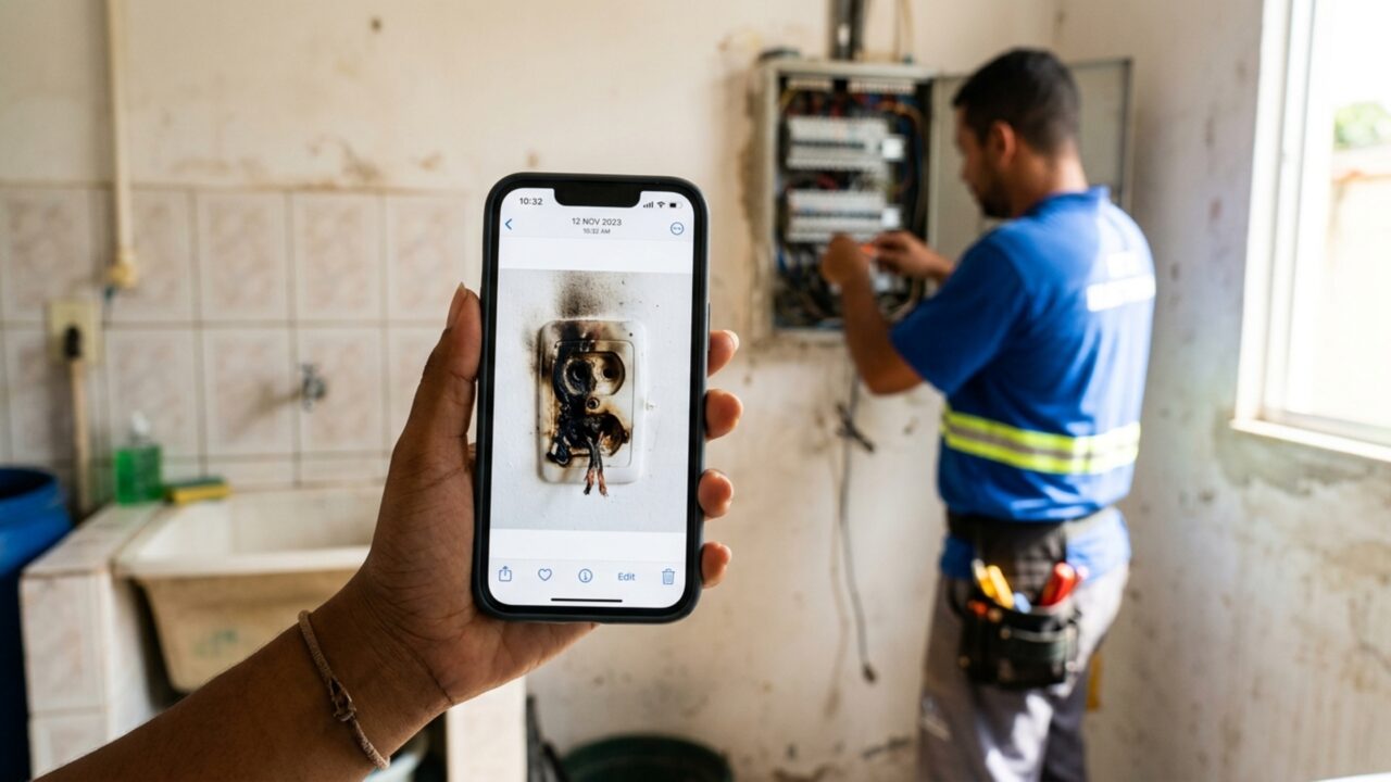Moradora paga para trocar toda a fiação da cozinha e, semanas depois, tomada começa a derreter justamente onde fica ligada a air fryer