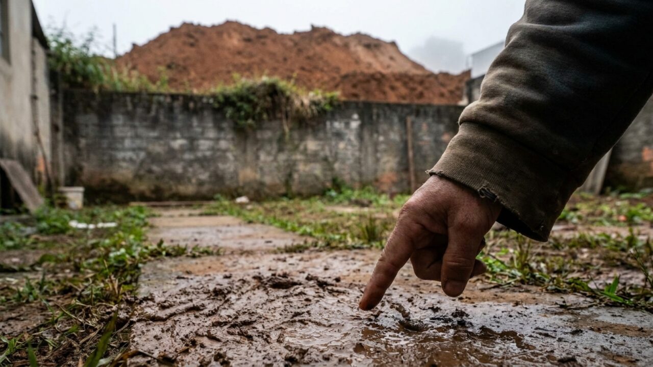 Depois de elevar o terreno com várias cargas de terra, proprietário vê lama atravessar a divisa na primeira tempestade e vizinho exige uma solução antes da próxima chuva