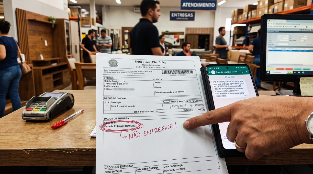 Pessoa compra um sofá para entrega em data combinada, organiza a mudança e recebe aviso de atraso só depois de esperar o caminhão