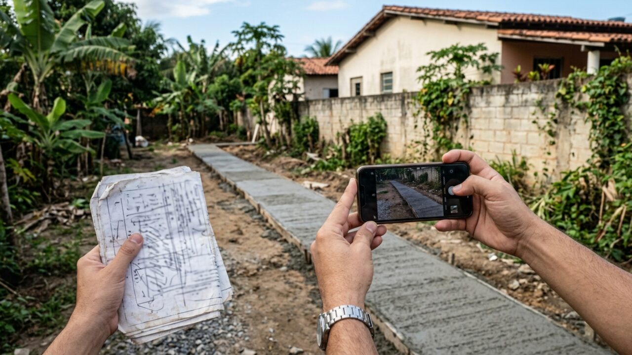 Ao retornar depois de quatro dias fora, proprietário encontra uma faixa de concreto atravessando seu terreno porque vizinho decidiu melhorar o acesso até a garagem
