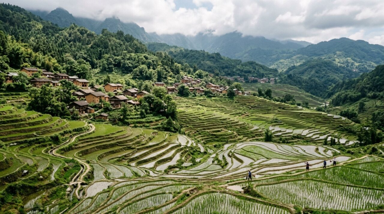Quatrocentos e quarenta e cinco quilômetros de canais atravessam montanhas cultivadas e aldeias chinesas distribuem água por centenas de terraços