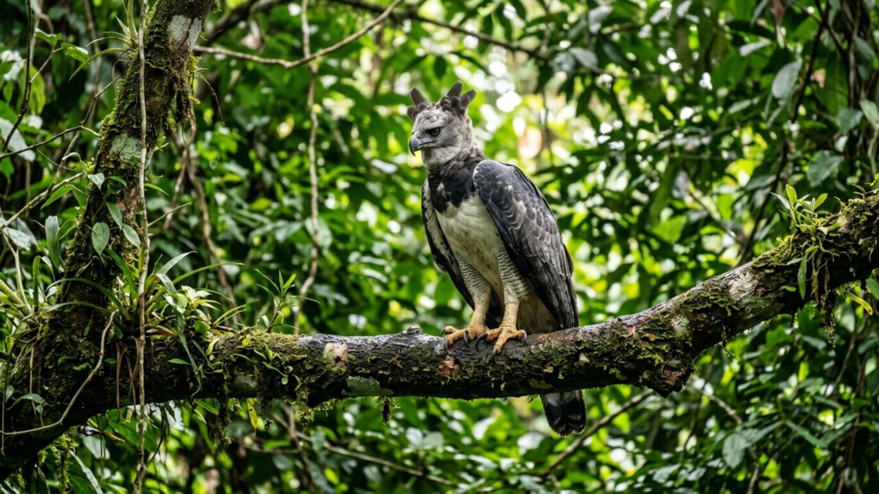 O galho balança no alto da árvore e revela uma ave de até 9 kg que consegue caçar no meio da floresta sem precisar de uma envergadura gigantesca