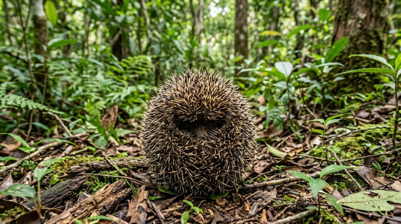 Quando ameaçado, o animal consegue proteger quase todo o corpo dentro de uma esfera de espinhos