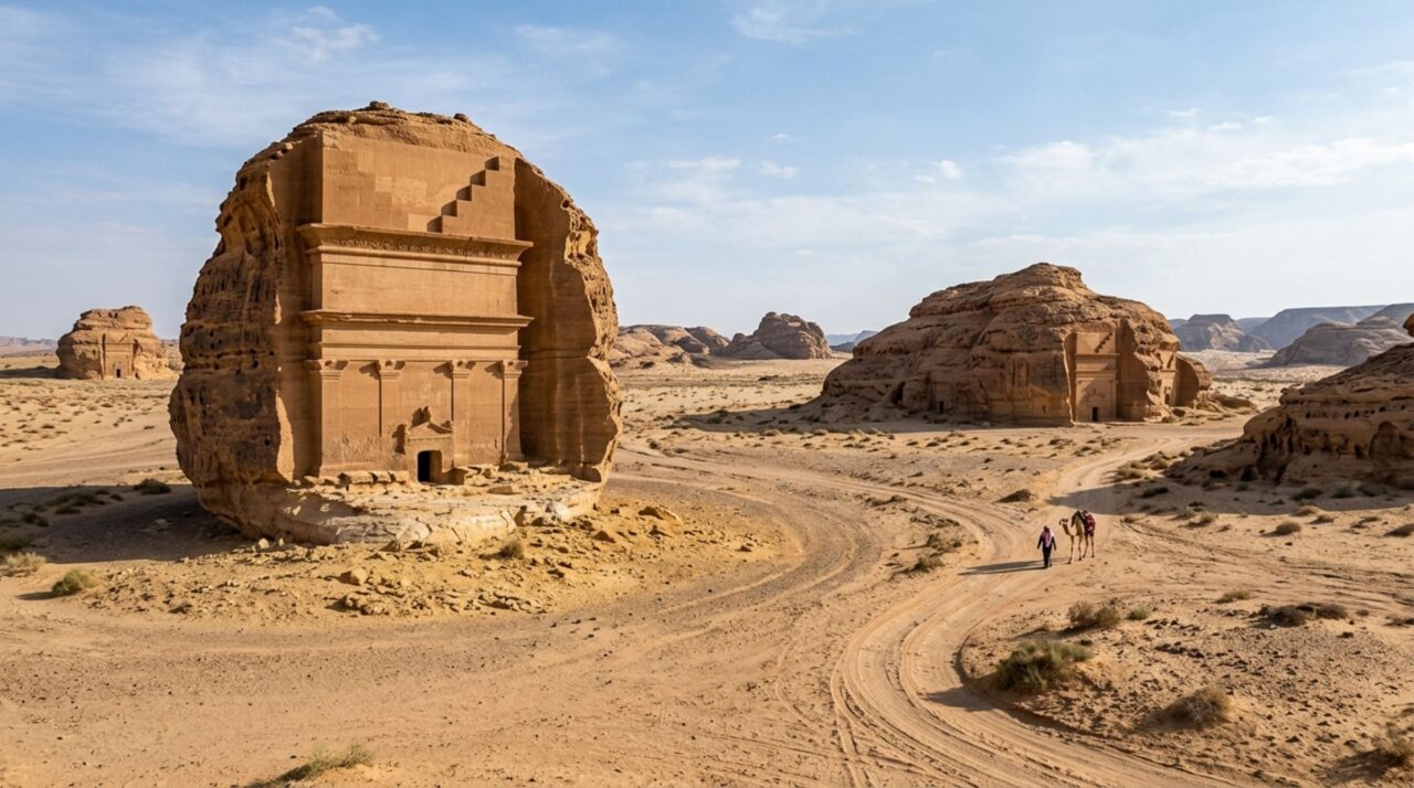 No deserto, 111 tumbas monumentais aparecem talhadas na rocha e 94 ainda conservam fachadas decoradas de quase 2 mil anos