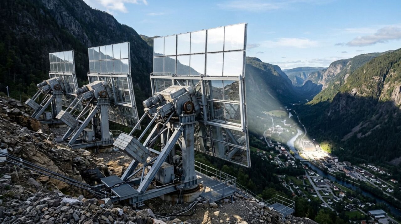 Em Rjukan, três heliostatos controlados ajustam continuamente sua orientação para manter a luz solar refletida sobre a praça central
