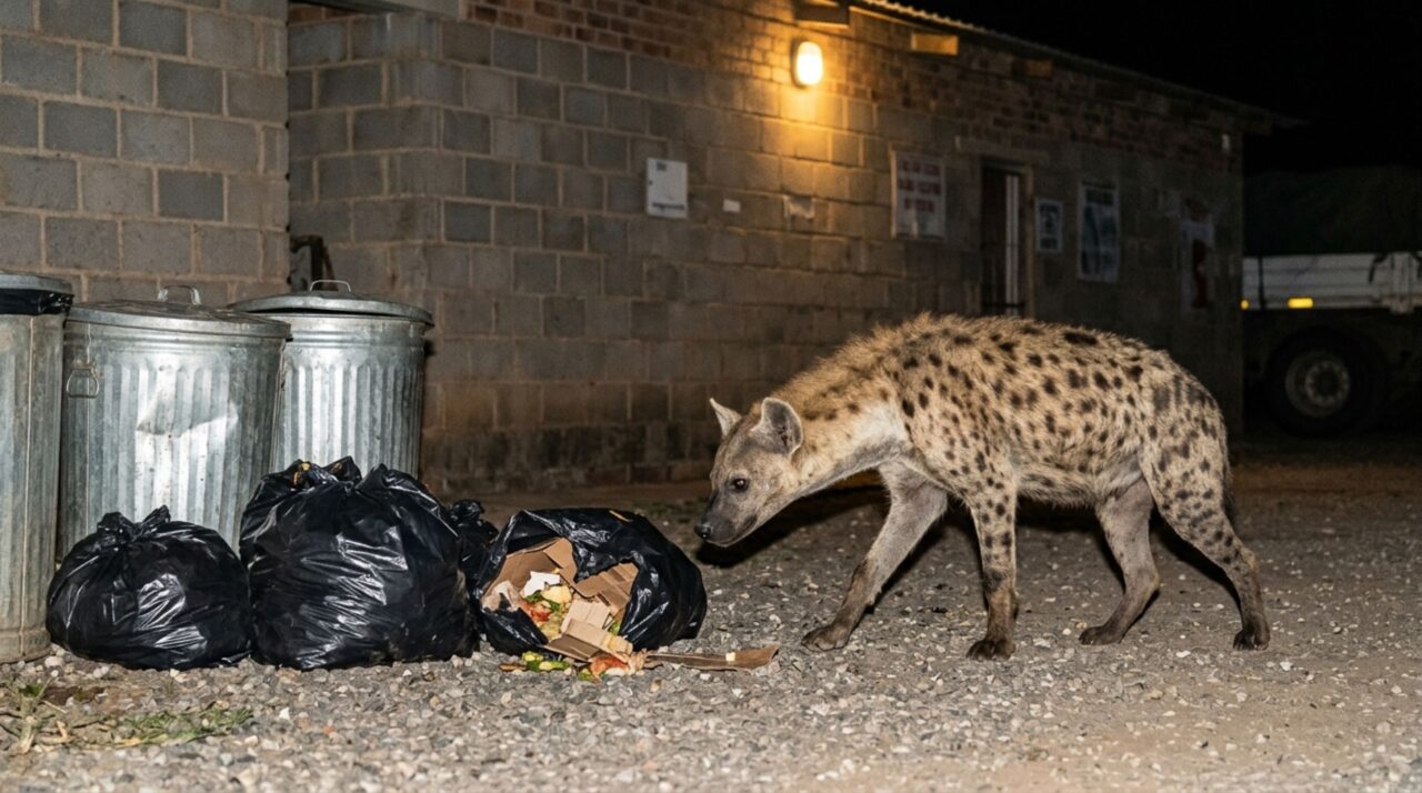 Durante três meses fechando sozinho uma estação de estrada, frentista encontra uma hiena-malhada perto das lixeiras sempre depois das 23h até que a troca dos contêineres muda completamente a rotina do animal