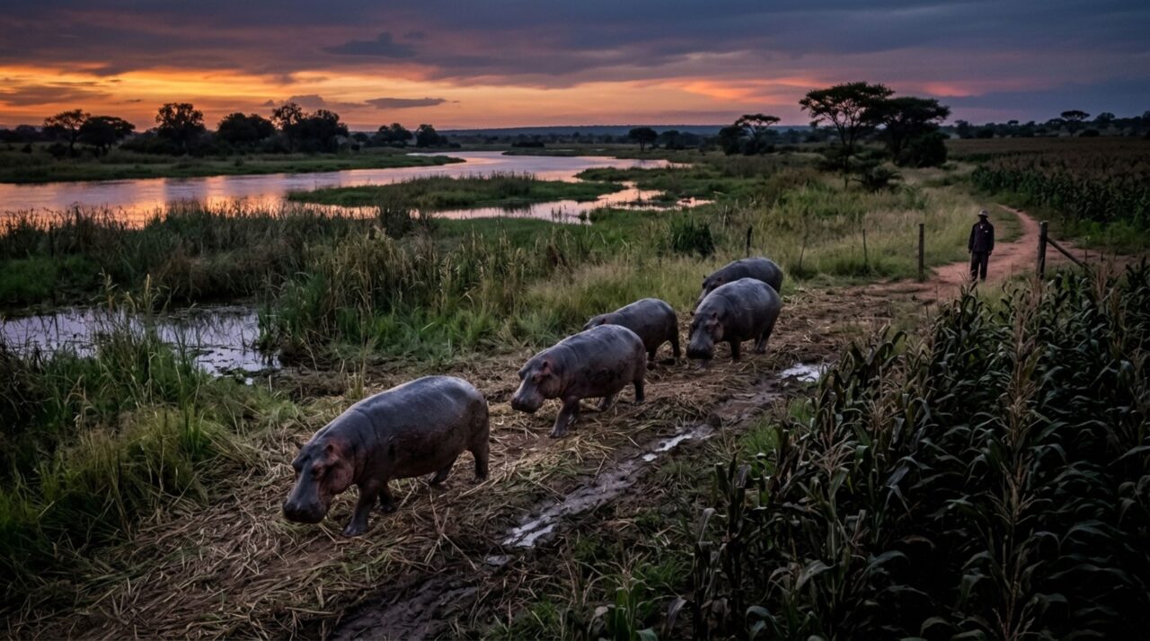 Há dois meses, agricultora encontra um grupo de hipopótamos atravessando a extremidade do milharal depois do pôr do sol, até descobrir uma trilha larga ligando o rio a uma lagoa formada atrás da propriedade