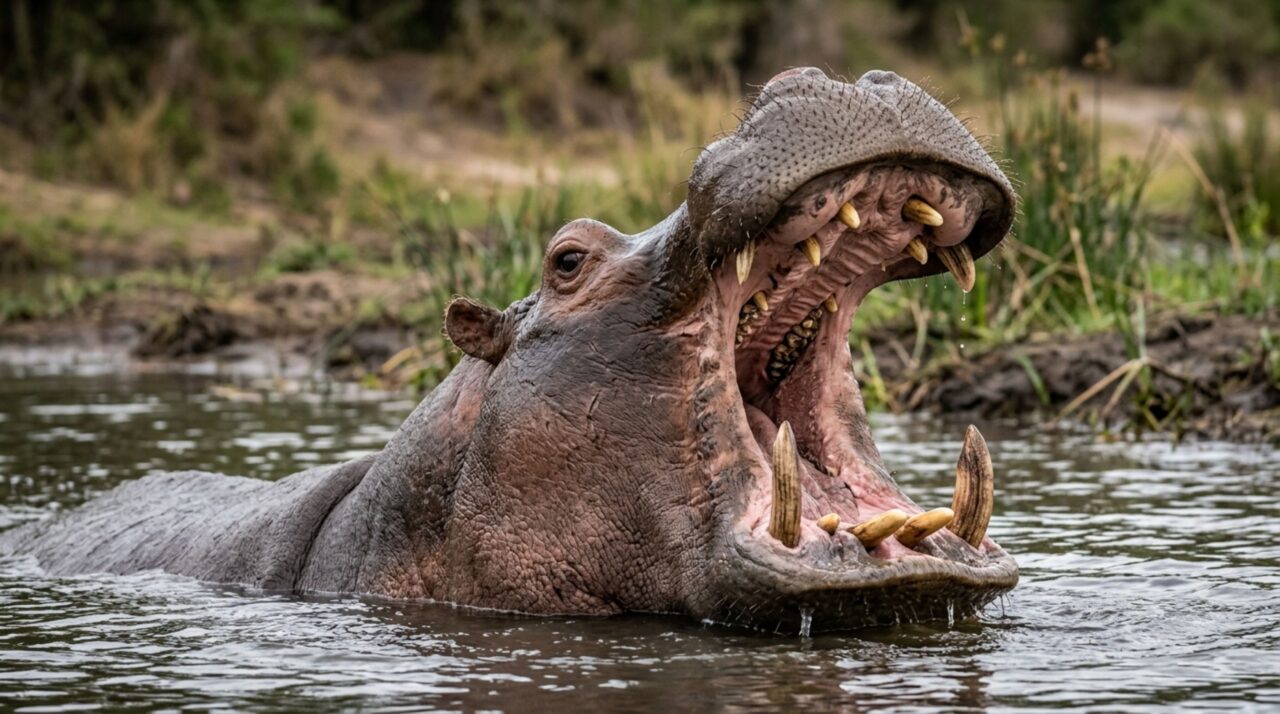 Detalhe da mandíbula robusta e dos dentes especializados do hipopótamo