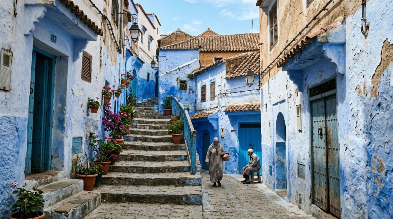 Os becos azuis atuais se sobrepõem a uma estrutura urbana formada por influências andaluzas e marroquinas
