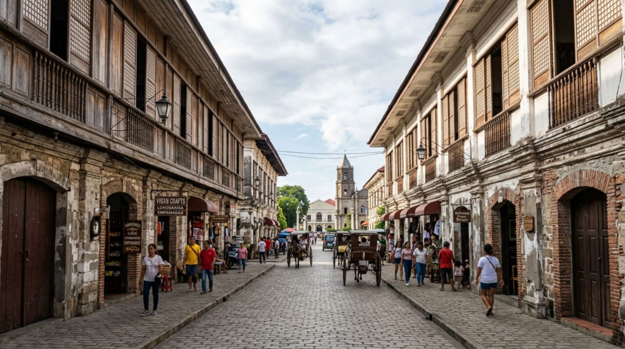 Uma cidade colonial cresceu em uma malha planejada nas Filipinas e casas antigas sobreviveram a guerras e terremotos