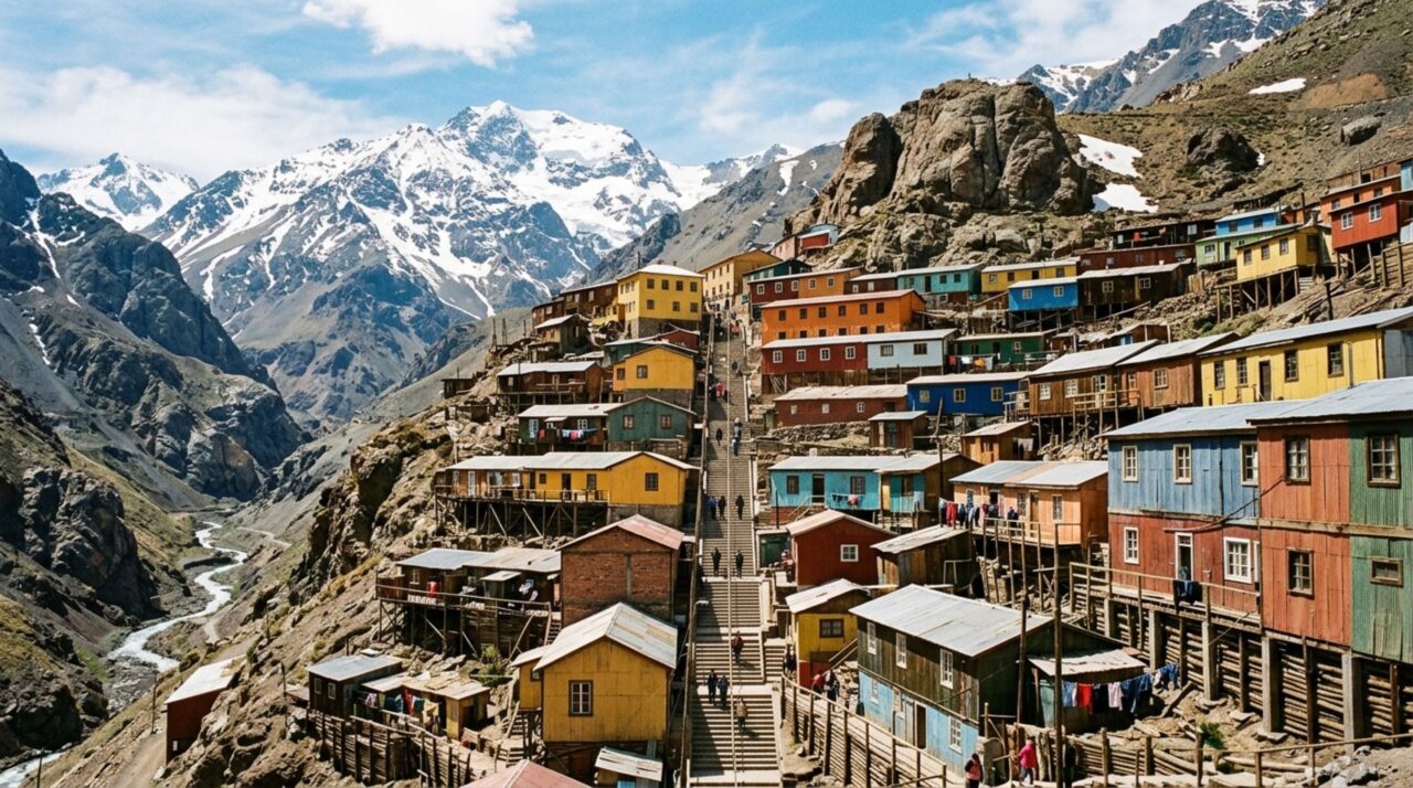 Uma cidade de mineração subiu uma montanha sem ruas para carros e chegou a reunir milhares de moradores acima de uma das maiores minas de cobre do mundo