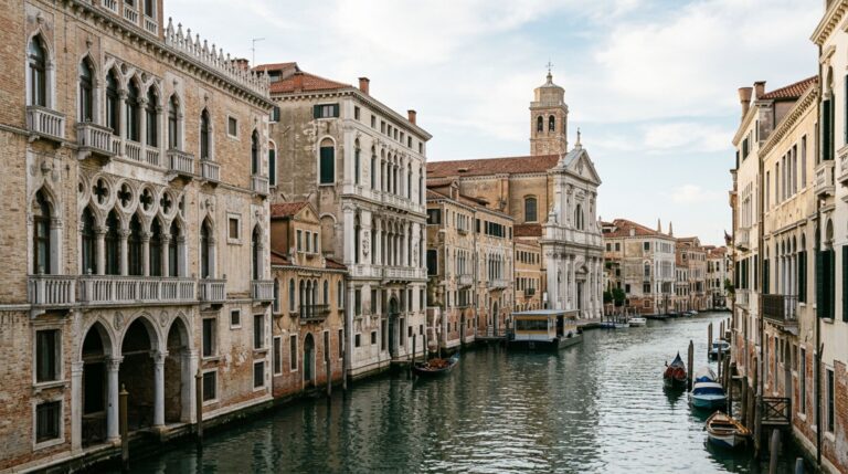 Veneza foi construída sobre terrenos saturados da lagoa com sistemas de fundação adaptados para distribuir o peso dos edifícios