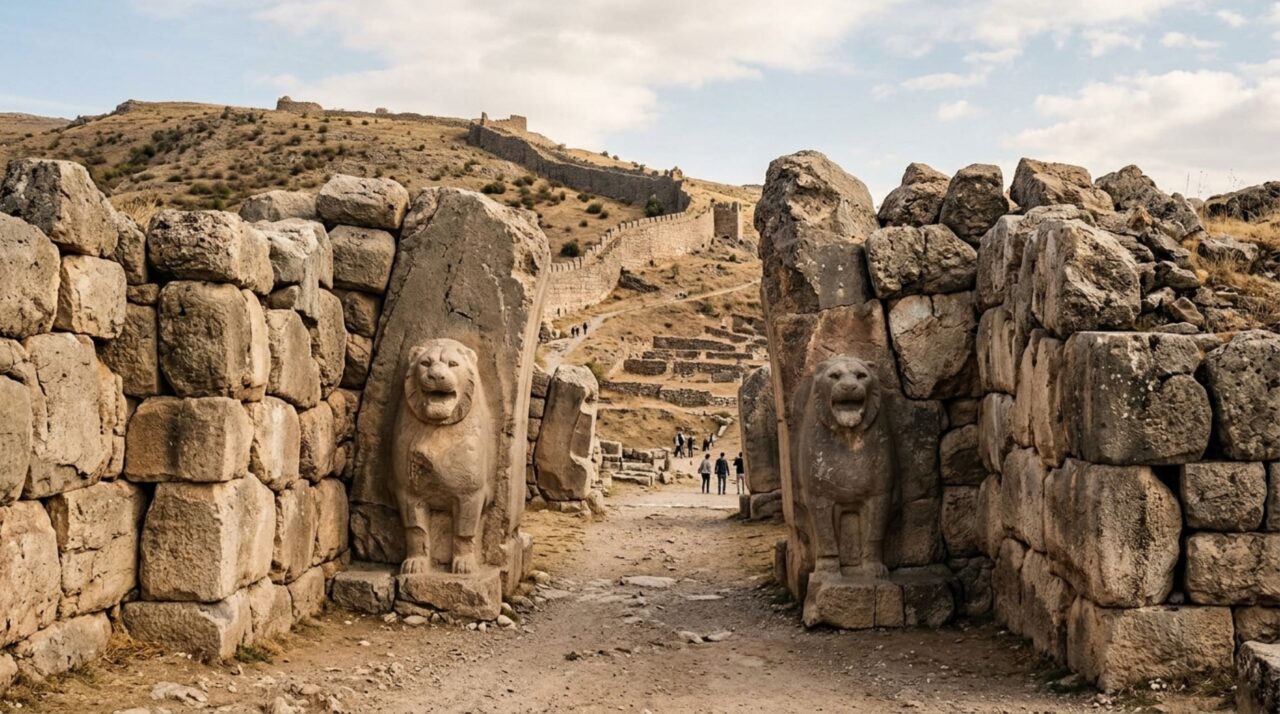 As portas monumentais e fortificações mostram o poder político e religioso de Hattusha