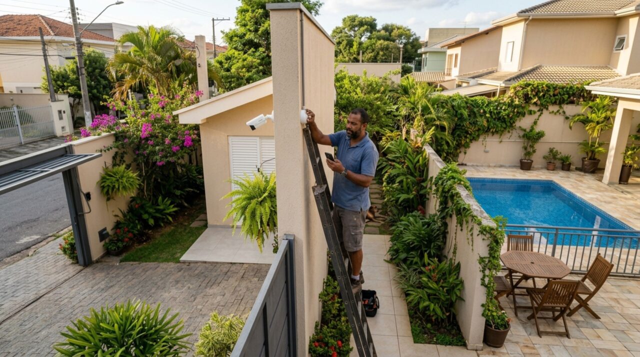 Casal chega em casa e percebe que o vizinho instalou uma câmera apontada para sua piscina, ele afirma que só quer vigiar o próprio quintal e moradores discutem os limites da gravação
