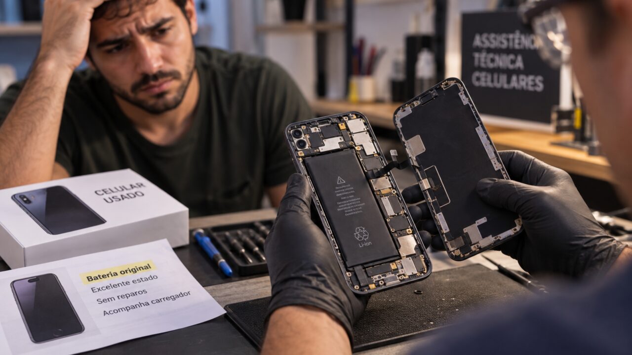 Homem compra celular usado anunciado com bateria original e descobre meses depois, durante manutenção, que aparelho tinha peças trocadas e sinais de reparo interno